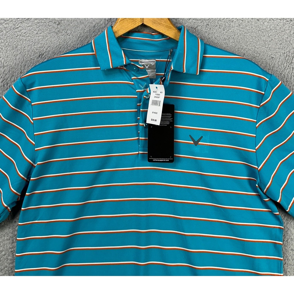 Callaway Men Golf Polo Shirt Small Blue Opti Dri Double Stripe Stretch Rugby NEW